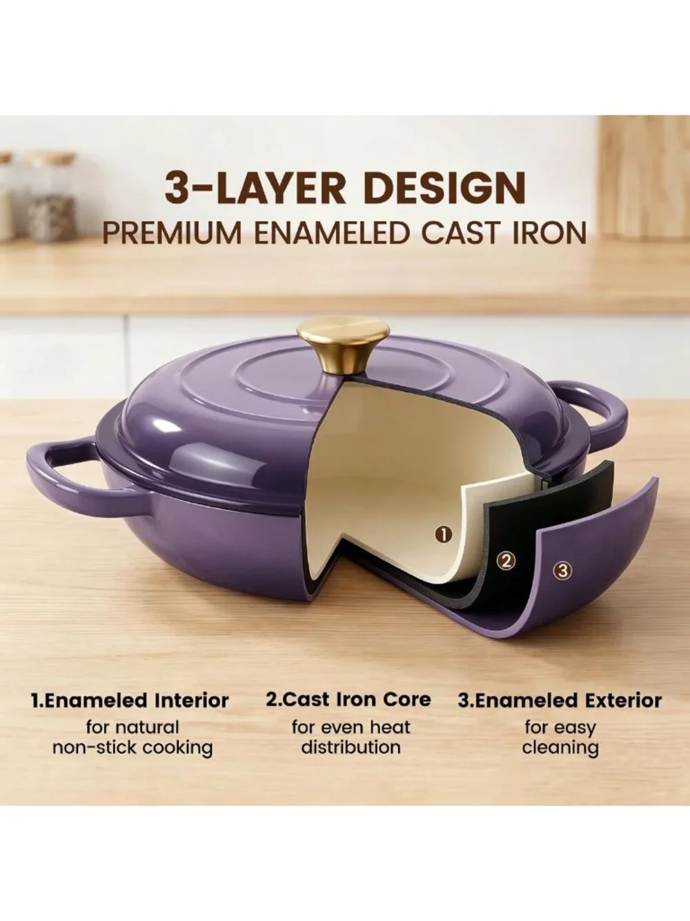 Vintage 3 Quart Enameled Cast Iron Braiser & Skillet with Lid - Non-Stick, Oven